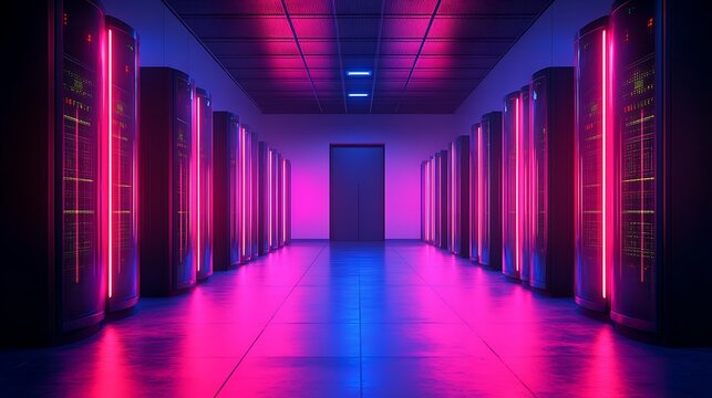Server room lit with vibrant neon lights.