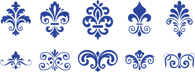 Ornate blue floral decorative elements and flourishes vector