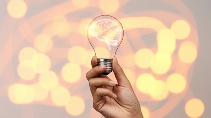 Hand holding lightbulb with brain inside against a bokeh light background concept for idea power