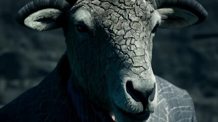 Corporate professional donning cracked sheep mask, nodding against dark shadowy backdrop, exposing mysterious persona with surreal emotional undertone