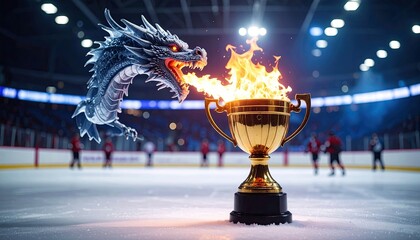 Dragon guarding a hockey trophy
