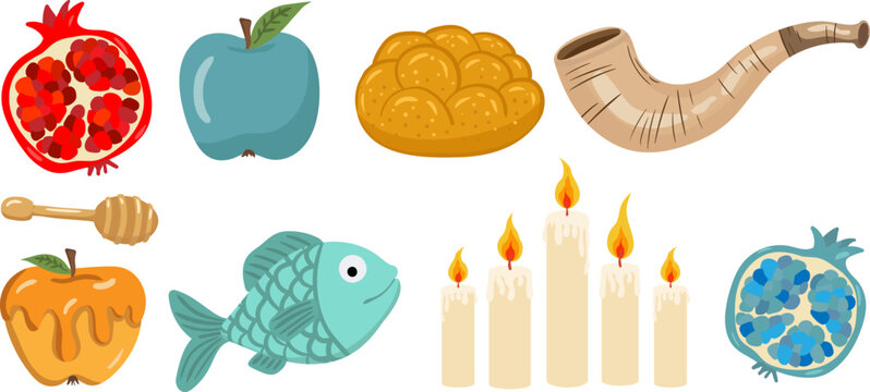 rosh hashanah isolated vector elements set jewish new year holiday symbols traditional icons honey apple pomegranate shofar candles challah fish