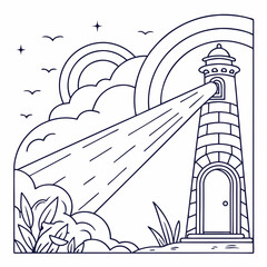 Fototapeta premium Monoline Hand Drawing Lighthouse stands tall, emitting light beams through clouds, surrounded by nature beauty