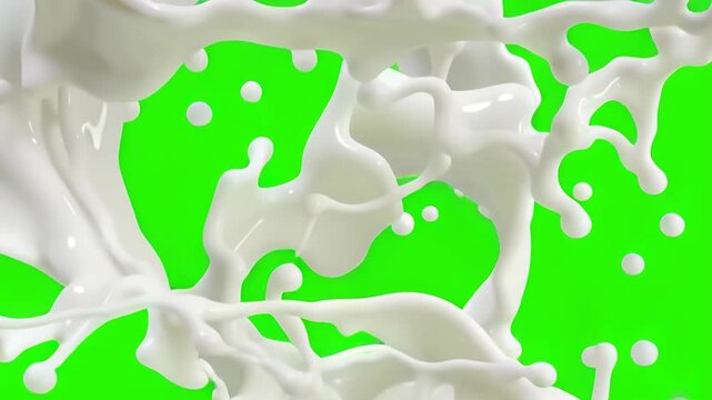 milk splash flying in slow motion on green screen background isolated chroma key compositing