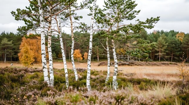 Serene birch trees in a meadow landscape with autumn foliage creating a peaceful vista
