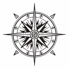 Monoline Hand Drawing Radiating compass with intricate design and spiritual symbols, representing guidance