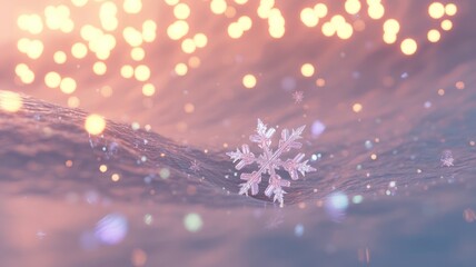 A single snowflake resting gently on a surface with bokeh lights in the background and foreground