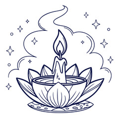 Monoline Hand Drawing Serene candle flame lotus bowl surrounded by gentle smoke and sparkling stars evokes tranquility