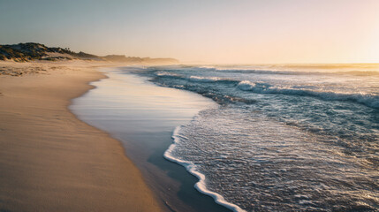 Waves gently roll onto the sandy beach during a beautiful sunset.