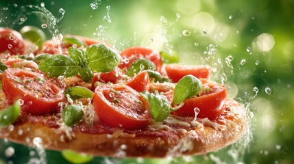 Dynamic composition of fresh pizza ingredients with glistening tomatoes and fragrant basil captured against a lively green background emphasizing the appeal of Italian cuisine.