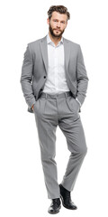 Professional corporate model in formal businesswear, posing with a calm yet ambitious expression while walking. Clean white background