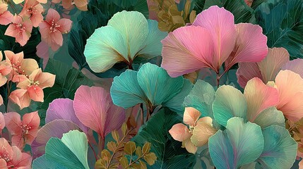 Lush tropical leaves watercolor texture in soft green and pink, organic pattern seamless repeat print design. Botanical foliage wallpaper background