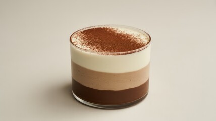 A layered chocolate dessert in a glass with a white background and cocoa powder on top of the cream