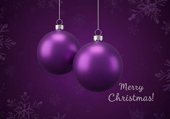 Two purple christmas ornaments hanging with snowflake background