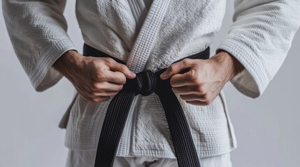 Determined Judo Fighter Tying Belt Before Match in Close-up Detail