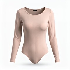 Obraz premium Beige long-sleeved bodysuit elegant design for layering and fashion statements on white background