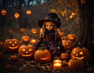 Halloween doll surrounded by pumpkins (1)