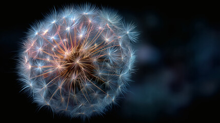 A close-up shot of a luminous dandelion seed head against a dark background.
