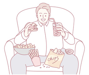 A person happily indulging in various fast food, tasty snacks, and refreshing drinks while lounging comfortably