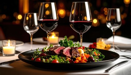 Gourmet steak salad with wine
