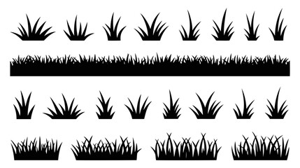 Silhouette illustrations of various grass tufts and clumps arranged in three distinct rows