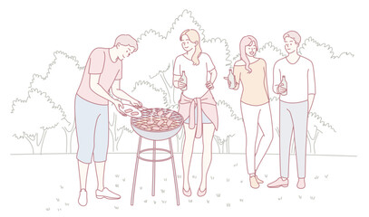 Having a delightful time at a lively barbecue party with friends set against a beautiful outdoor backdrop