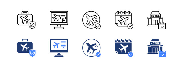 Business Travel icon sheet with Travel, Booking, Flight, Itinerary, Reservation.