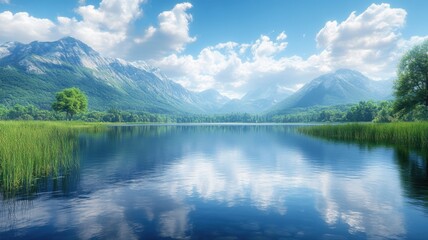 Fototapeta premium Serene Mountain Lake Landscape Reflection Under Blue Sky with Clouds landscape mountain lake sky pet