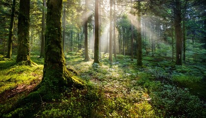 enchanted forest with sunlight filtering through the trees