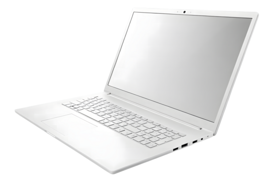 White laptop computer with open screen and keyboard viewed at three-quarter angle, isolated on a transparent background