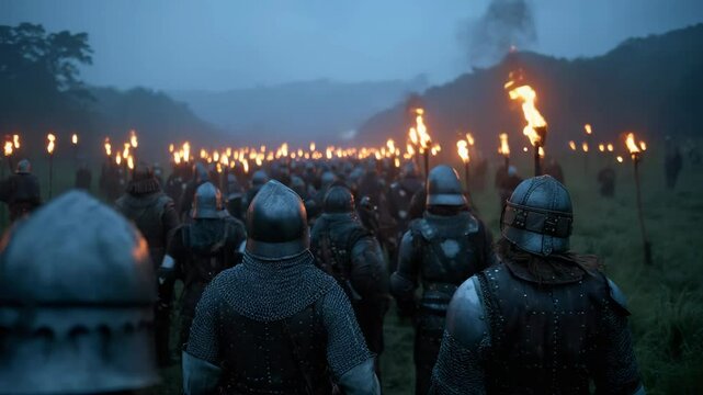 March of armored warriors through a misty landscape at night