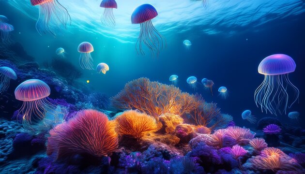 vibrant underwater scene with glowing jellyfish and colorful corals
