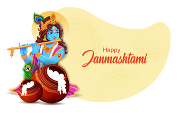 Vector illustration of Lord Krishna playing flute on Happy Janmashtami holiday Indian festival greeting background