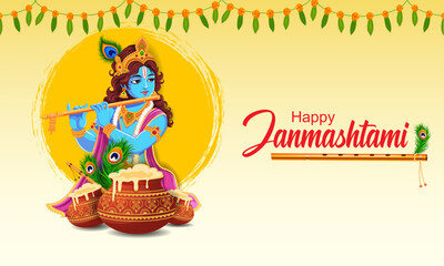 Vector illustration of Lord Krishna playing flute on Happy Janmashtami holiday Indian festival greeting background