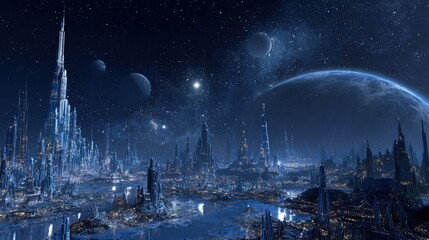 Vast, icy city on alien planet at night