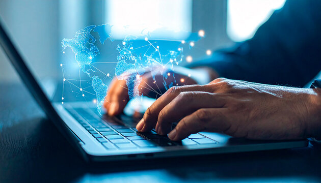 hand man typing on laptop with pop up world map hologram in blue color atmosphere