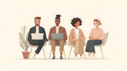 Flat illustration of remote work concept with diverse team collaborating from home via laptop