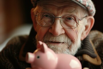 Happy senior man holding piggy bank, representing financial security and retirement planning