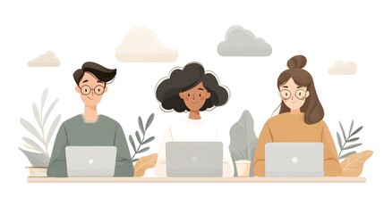 Flat illustration of remote work concept with diverse team collaborating from home via laptop