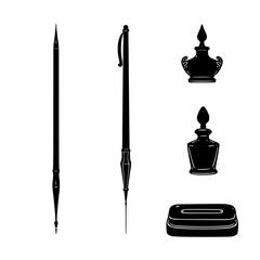 Artistic Instruments: A meticulous monochrome illustration of elegant writing instruments, a delicate brush and a modern pen, alongside ornate inkwells and a rectangular ink blotter.