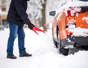 Man clearing snow from car