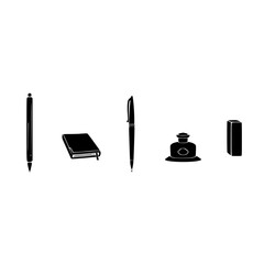 Stationery Silhouette: A collection of elegant stationery, pen, notebook, ink, eraser arranged in a photorealistic style for a refined aesthetic.