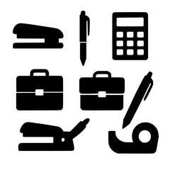 Office Supplies Illustration: A neatly arranged collection of office supplies in black and white, offering a classic aesthetic perfect for business themes. Featuring staple gun, pen, calculator.