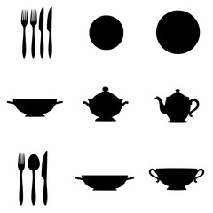 Cutlery and Tableware Silhouette Collection: A minimalist illustration of assorted dining essentials, encompassing cutlery, plates, and serving dishes.