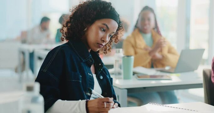 Woman, university student and writing notes in class for learning, information or knowledge. College, scholarship and person with notebook for study, education or lecture summary in lesson for thesis