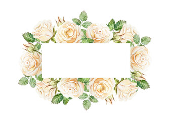 Pastel roses text frame. Horizontal. Hand drawn watercolor illustration isolated on white. For greeting cards, save the date, valentines day, wedding invitations, labels, covers.