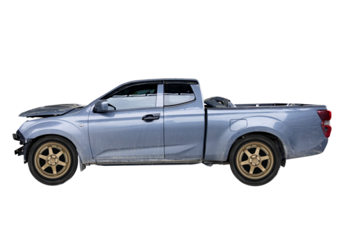 pick up truck crash , Car crash, Side view of pick up get damaged by accident on the road. damaged cars after collision. isolated on transparent background.