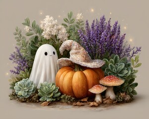 Cute ghost and pumpkin with witch hat, playful holiday scene, festive decorations, happy vibes, cozy seasonal atmosphere, trick or treat concept.