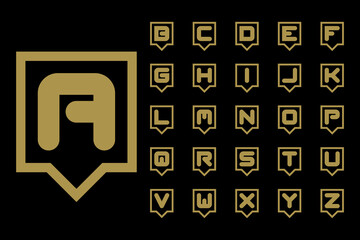 Set of stylish monogram letters in shield frames. Perfect for logos, emblems, badges, and branding. Includes uppercase alphabet in gold and black style.