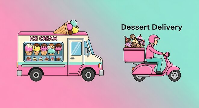 Ice cream truck and dessert delivery scooter concept for sweet treats delivery
